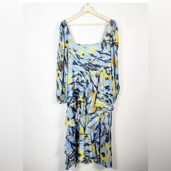 NWT Pearls by Lela Metallic Floral Square Neck Dress - Blue and Yellow